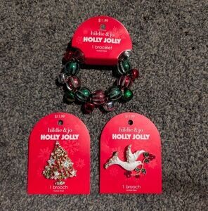 🎄 hildie & jo Holly Jolly Brooches & Bracelet Christmas Jewelry Dove Tree Bells